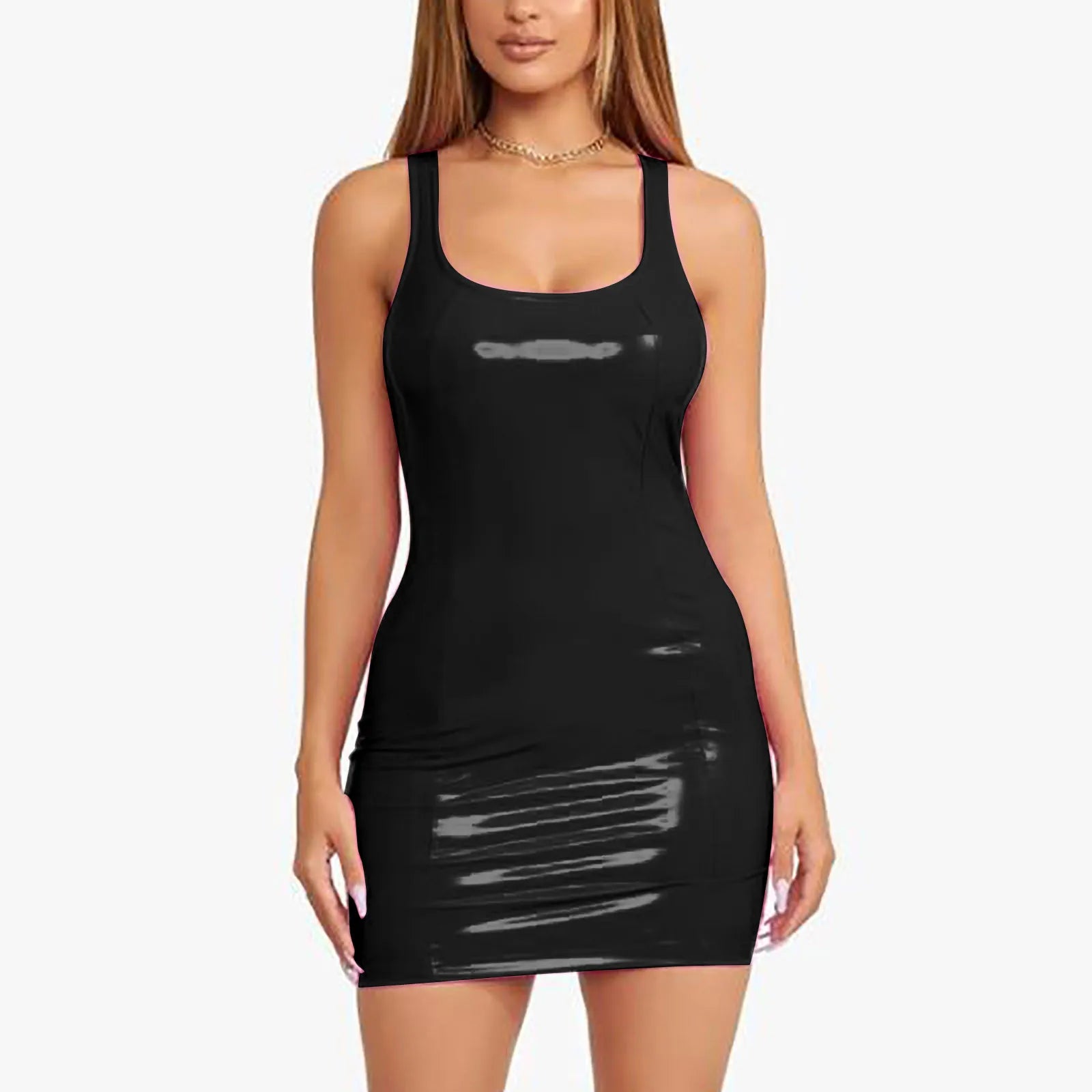 Women's Colorful Leather Dress Zipper PU High Elastic Round Neck Dress Short Skirt Elastic Leather Dress Wrapped Hip Sundress