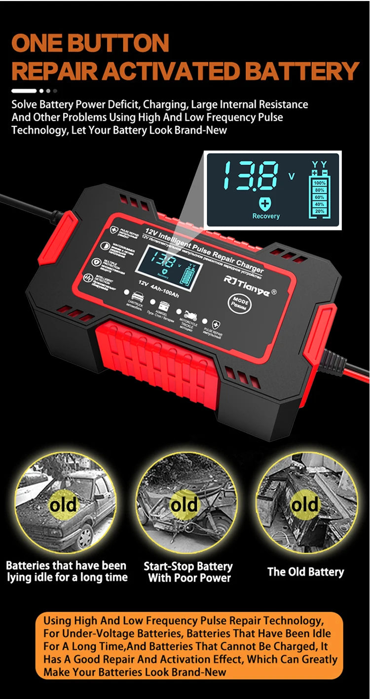 Car Battery Charger 12V 6A Touch Screen Pulse Repair LCD Fast Power Charging Wet Dry Lead Acid Digital LCD Display
