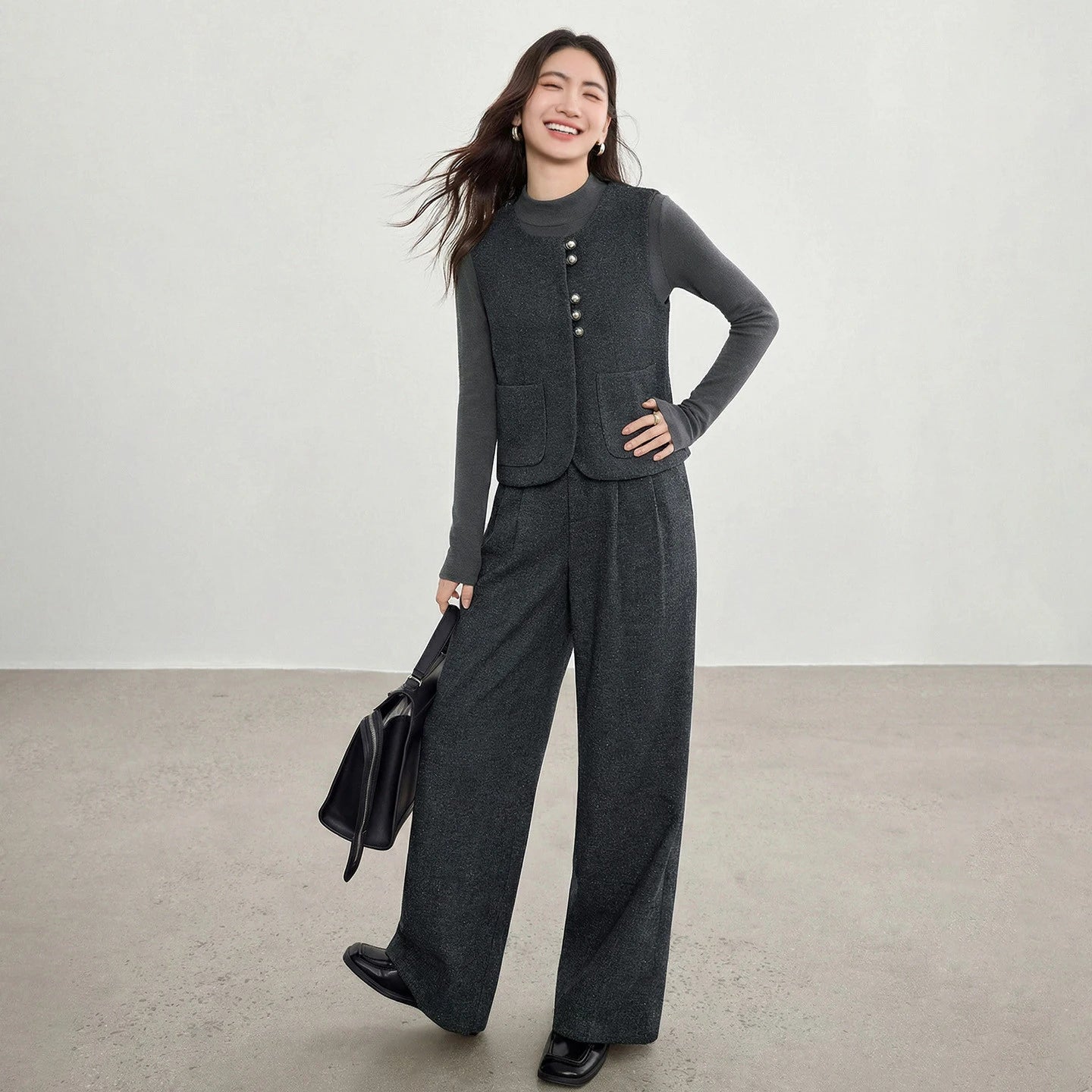 SENTUBILA Women's 2 Piece Pants Set 2026 New O Neck Waistcoat Straight Pant Winter Office Lady Wool Blend Female Suit 154ZA6093