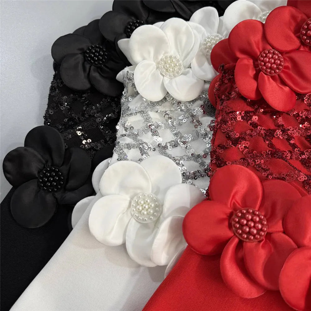 Women Fashion Flower Beading Sequins Patchwork Bandage Dress Celebrity Party Sleeveless Elegant Dresses