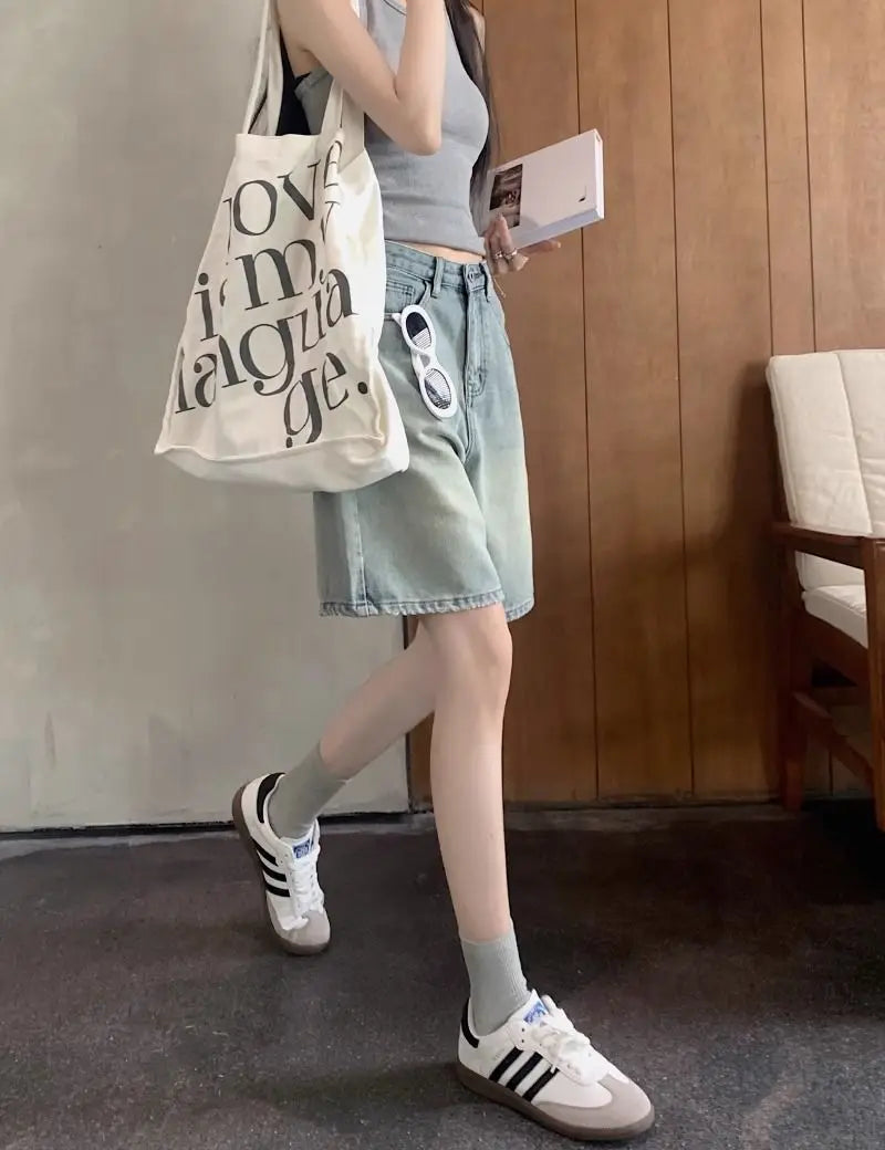 Denim Shorts Vintage High Waist Loose Fit Distressed Design Ins Style Sweet Spicy Girls All-match Casual Summer Streetwear Y2k