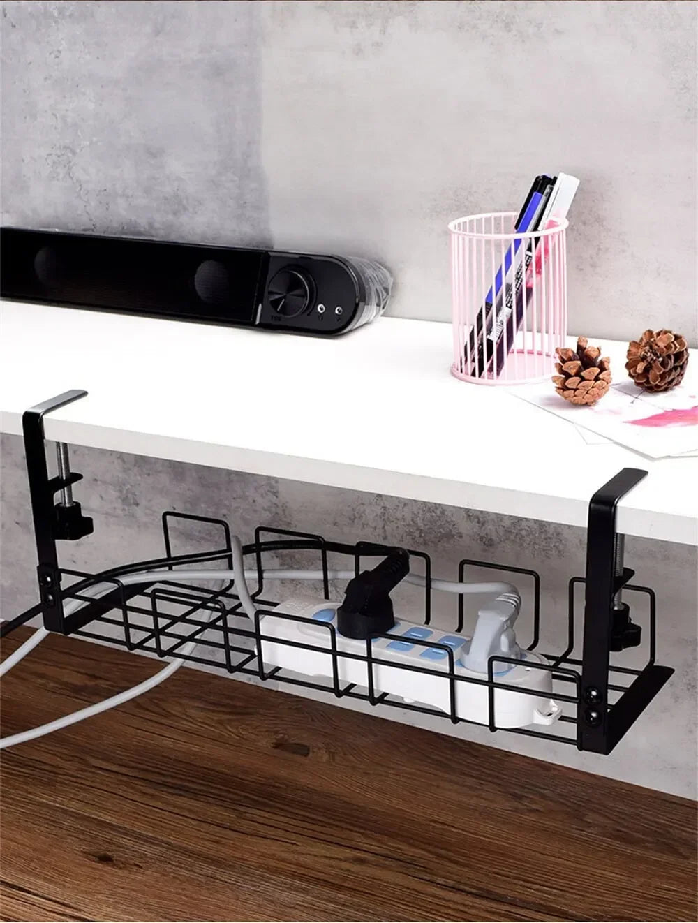 Home Office Desk Wire Organizer No Punching Kitchen Storage Accessories Under Table Storage Rack Metal Cable Management Tray 