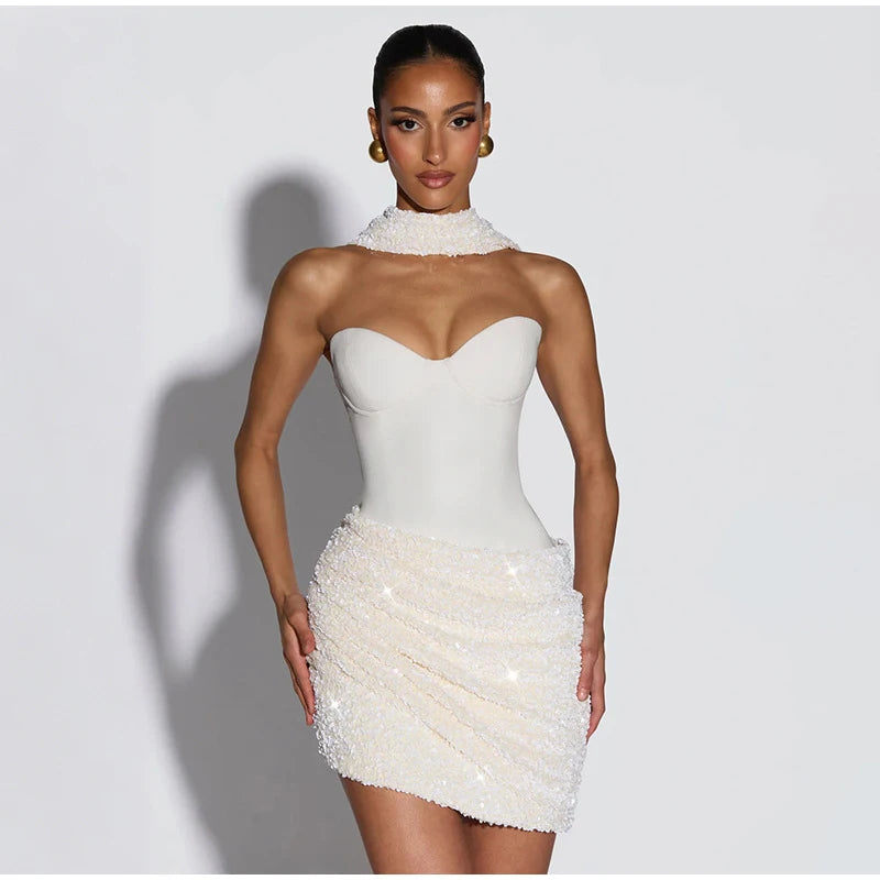 Sexy Sequin Patchwork Scarf Collar Dress Women Fashion Strapless Backless Bodycon Mini Dresses 2026 Lady Party Evening Gown