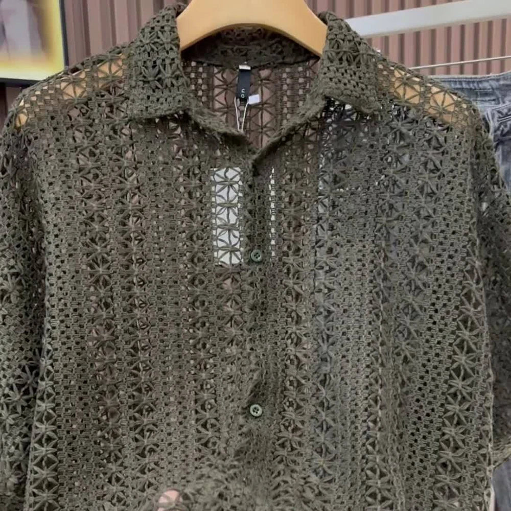 Men's Knitted Hollow Short-Sleeved Shirt American Retro Fashion Trend Simple Loose Breathable Vacation Summer New Men's Tops
