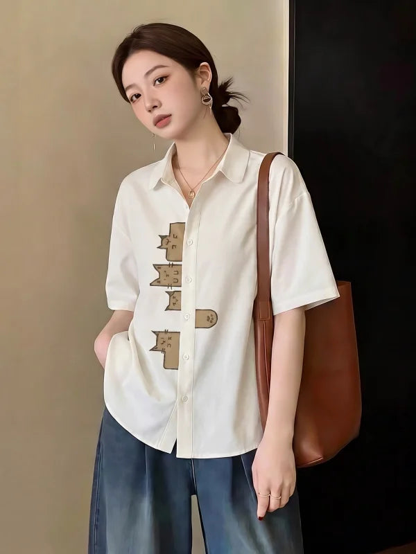 Khaki Short Sleeve Shirt Women's Shoulder Length Cover Belly Summer New Style plus Size Fat MM Age Reduction Top Commute Style