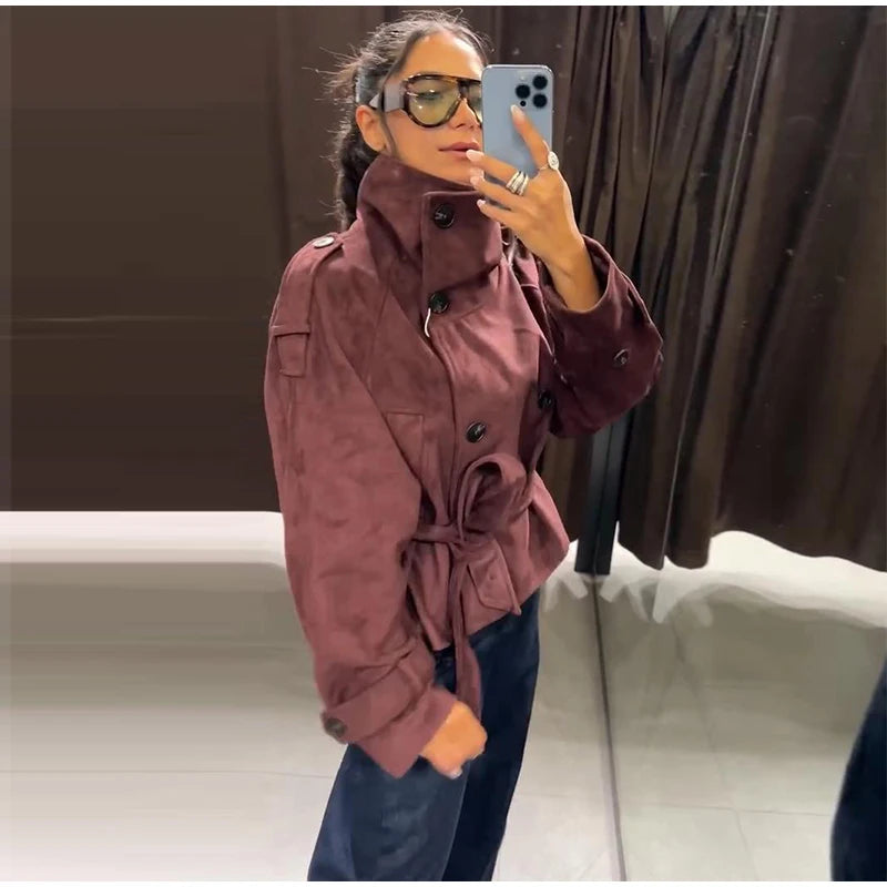 Faux Suede Women Winter Jacket Belted Waist Autumn Coat Stand Collar Short Jacket Cargo Jacket Daily Commute Wear Street Style