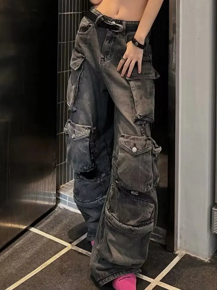 2025 Autumn Winter Large Pocket Women's Denim Trousers Washable Gradient Workwear Parachute Pants Jeans High Waist Long Pants