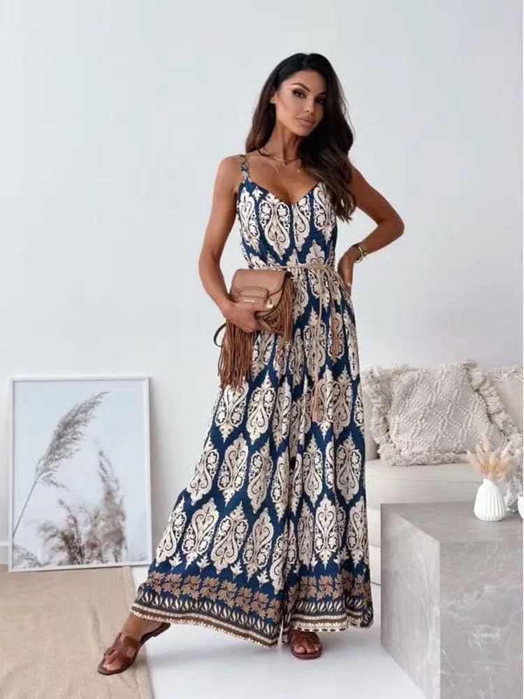 Summer European American Printed Camisole Jumpsuit Women's New Loose Casual Beach Vacation Plus Size Jumpsuit S450