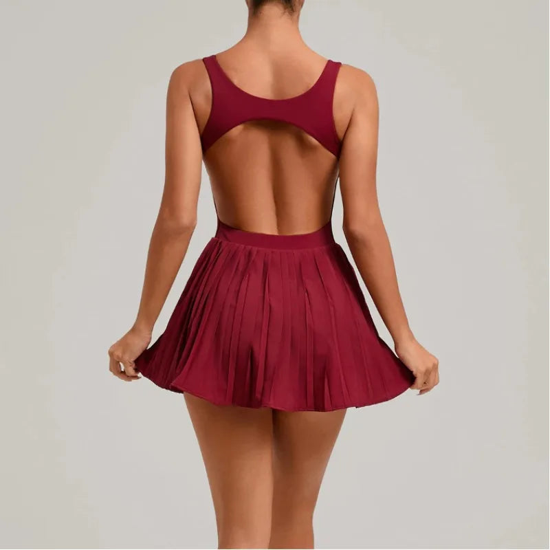Backless Sports Tennis Golf Dress Mini Workout Pleated Skirts with Shorts Yoga Suit Peadded Gym Jumpsuit Fitness Set Activewear
