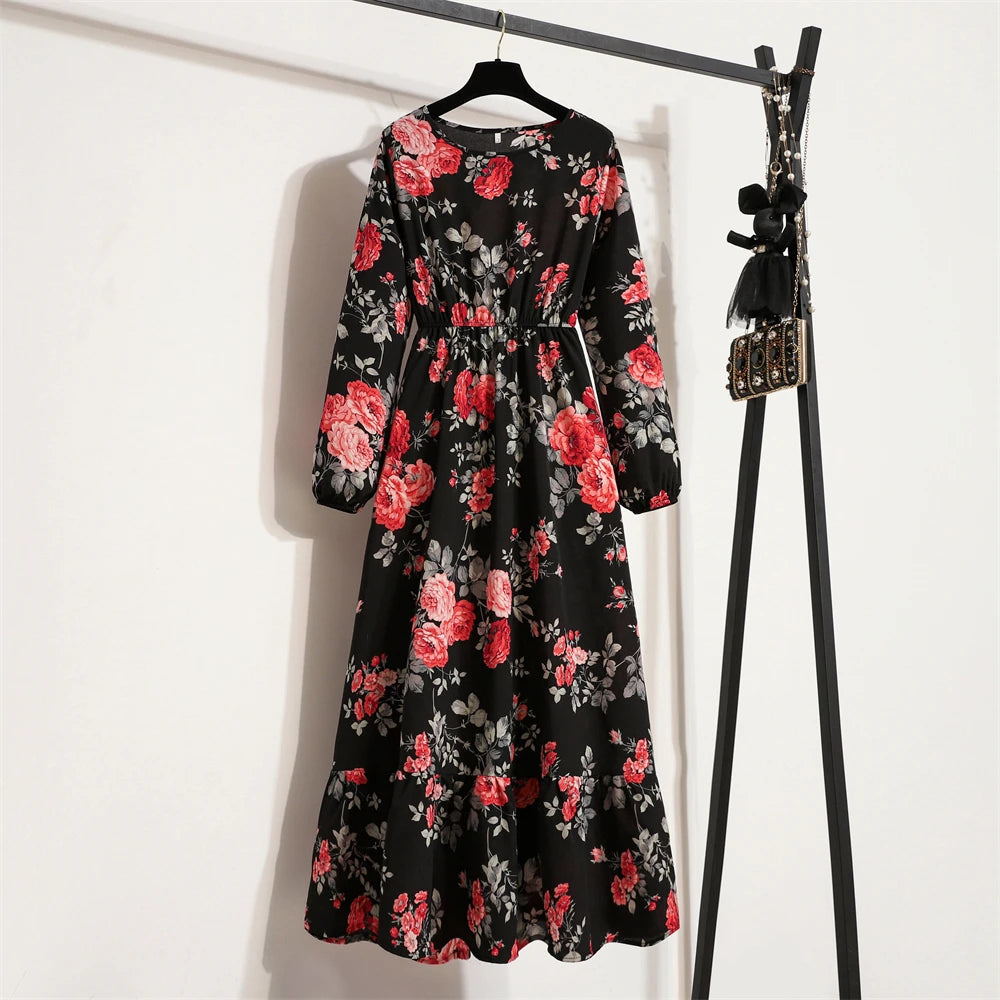 Spring Summer Women Maxi Dresses Casual Full Sleeve Floral Printed O-neck Woman Bohe Beach Party Long Dress Mujer Vestidos