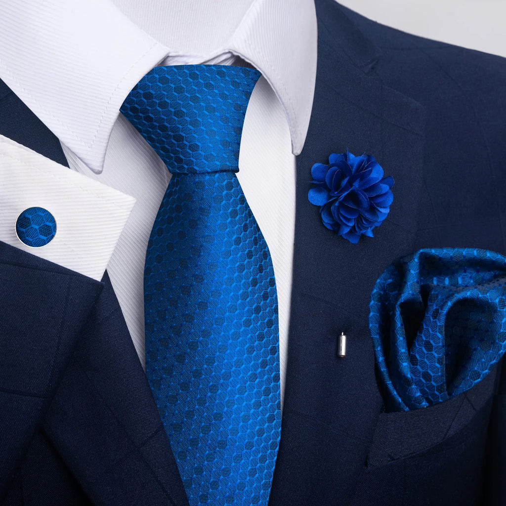Hot Sale Luxury 8 Cm Blue Floral Ties Pocket Square Cufflinks Brooch Set For Man Suit Accessories Holiday Gift Fit Formal Party