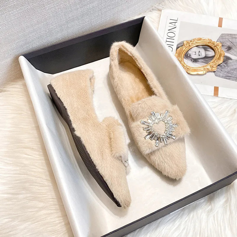 Flats Shoes for Women 2024 New Autumn Pointed Flat Mink Fur Winter Shoes Velvet Women's Loafers Ladies Shoes Plus Size 41 42 43