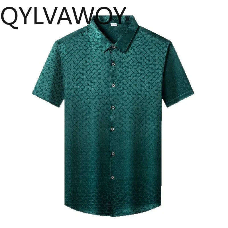 QYLVAWOY New Men's Shirts Summer Tops 92% Real Mulberry Silk Shirts Lapel Short Sleeve Stylish Clothes for Man Business Casual