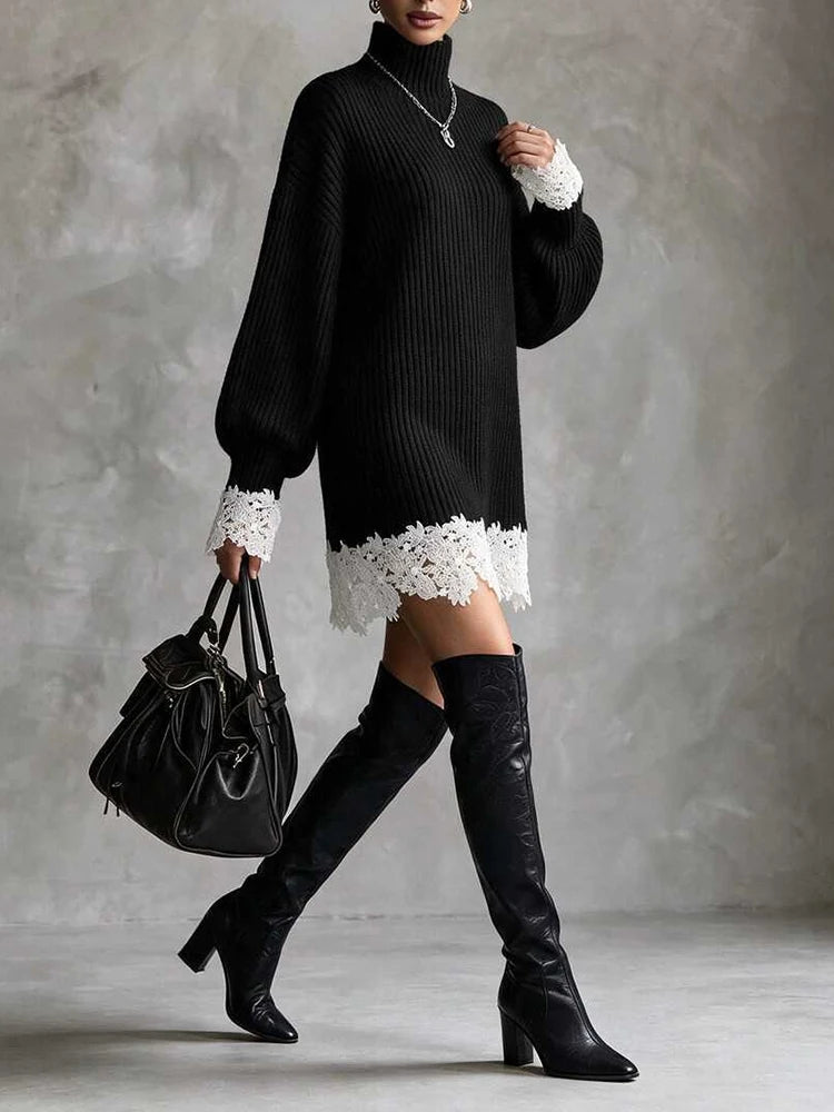 Women Turtleneck Ribbed Knitted Mini Dress Elegant Lace Hem Patchwork Party Dress Casual Long Lantern Sleeve Loose Sweater Dress