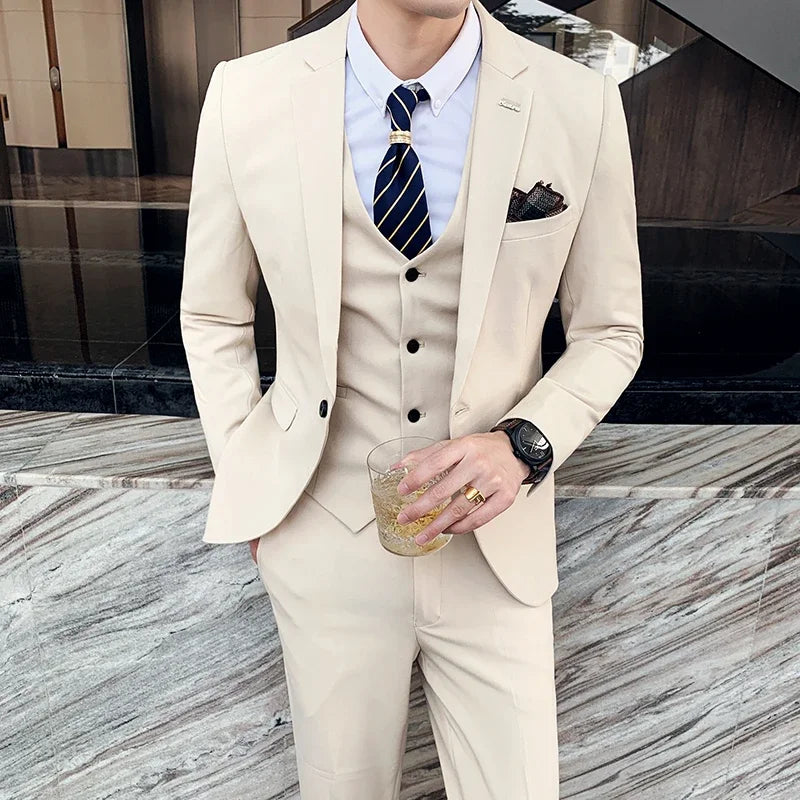 S-7XL ( Blazer + Vest + Pants ) Striped Plaid Solid Color Mens Formal Business Suit 3Pcs Set Groom Wedding Social Show Dress