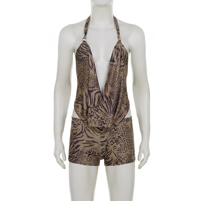 Leopard Sexy Deep V-neck Print 2 Piece Set Outfit Halter Backless Crop Top & Low-Rise Shorts Sexy 2pcs 2026