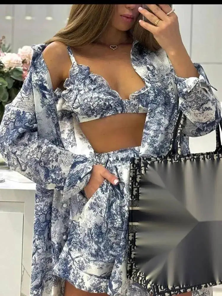 Retro Ink Shirt Three-piece Shorts Suit Women's Summer Casual Long Sleeve Button Print Fashion Shirt With Shorts Suit BX98
