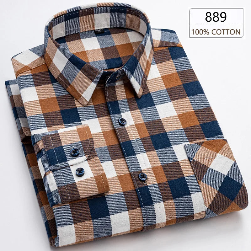 Men's Winter Chic Long Sleeve Shirt Cotton Flannel Plaid Button-Up Comfortable Warm Top for Business Casual Dress Shirts New