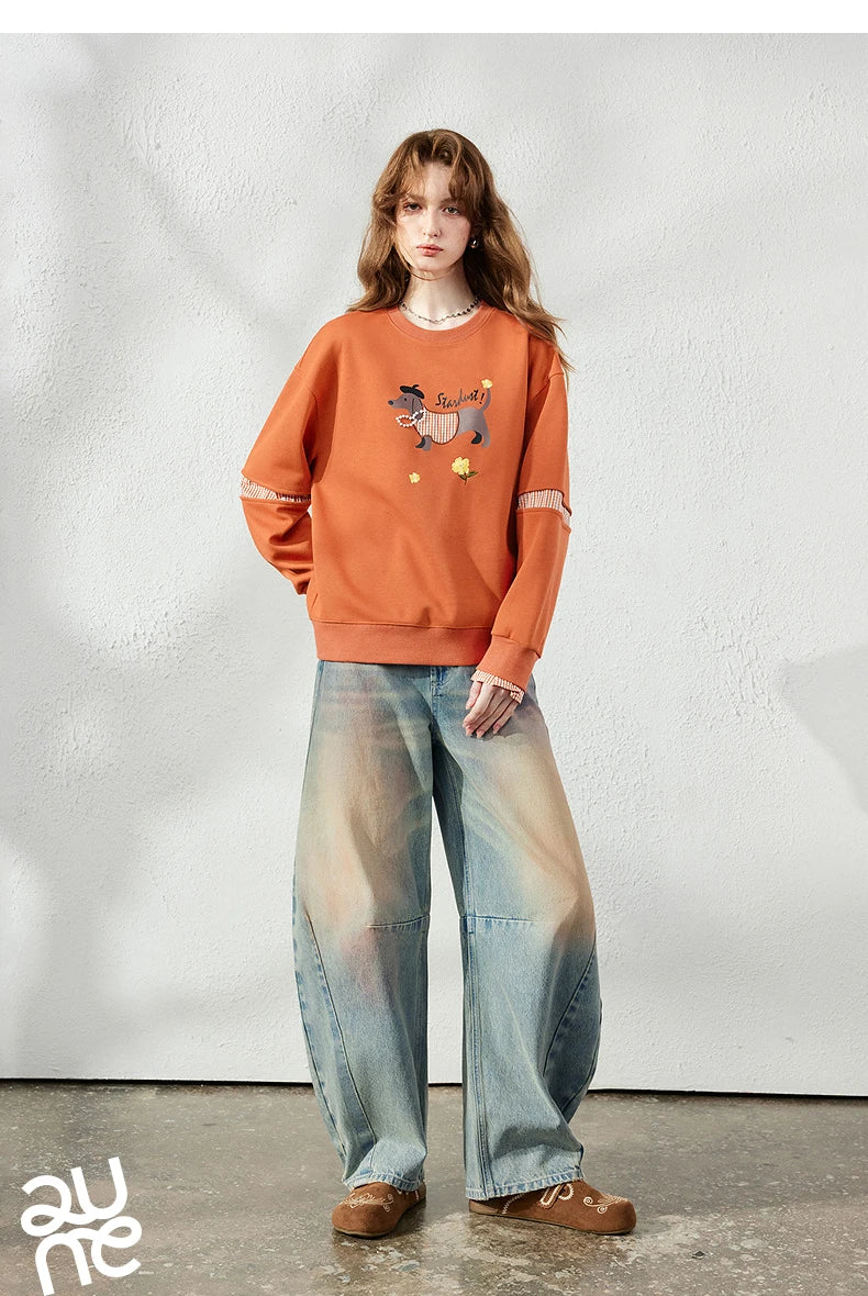 TOYOUTH Women's Sweatshirt 2026 Autumn New Loose Deconstructed Faux Two-Piece Plaid Dachshund Print Vintage Pullover Top