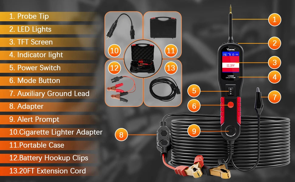 VDIAGTOOL V200 Car Electric Circuit Tester 6V-30V Automotive Power Probe Kit Electrical System Tester LCD Display Voltage Tester Electrical Diagnostic Tools ﻿