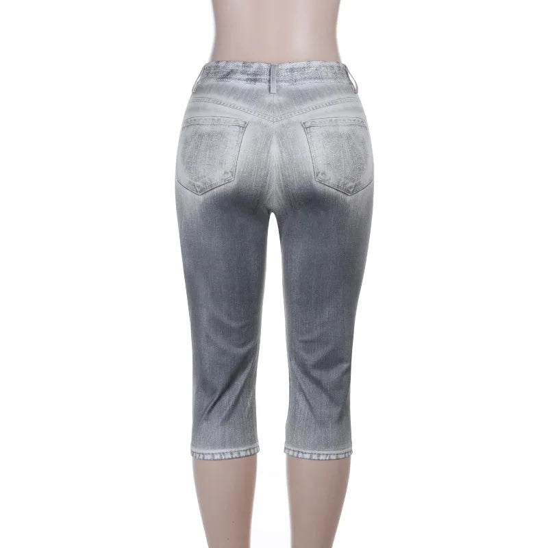 European and American Digital Printed Imitation Denim Six-point Pants 2026 Summer Vacation Beach Casual Pants