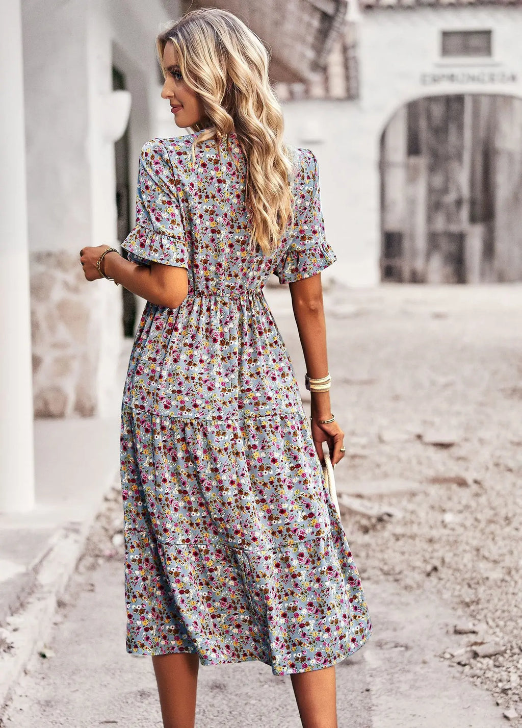 Msfilia Fashion V Neck Elegant Printed Dress Women Summer Short Sleeve High Waist A Line Floral Holiday Dresses