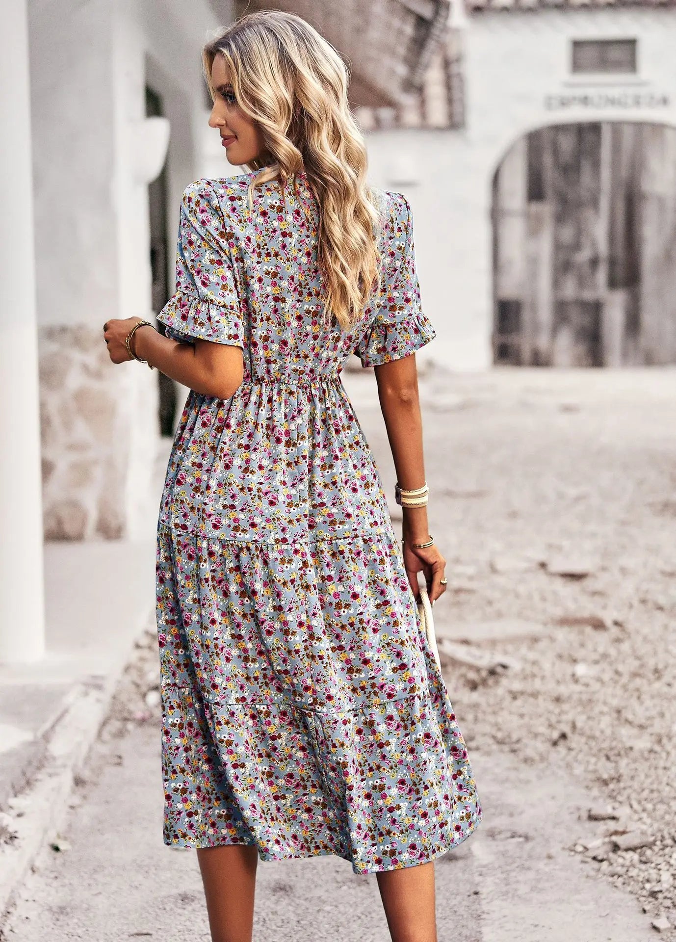 Msfilia Fashion V Neck Elegant Printed Dress Women Summer Short Sleeve High Waist A Line Floral Holiday Dresses