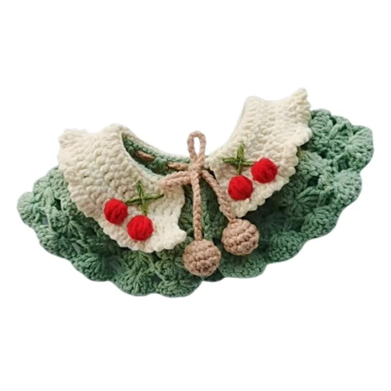 Small Pet Collar Knitted Double-Layer Cherry Cat Necklace Elastic Soft Dog Bibs Pet Scarf Cute Pet Accessories