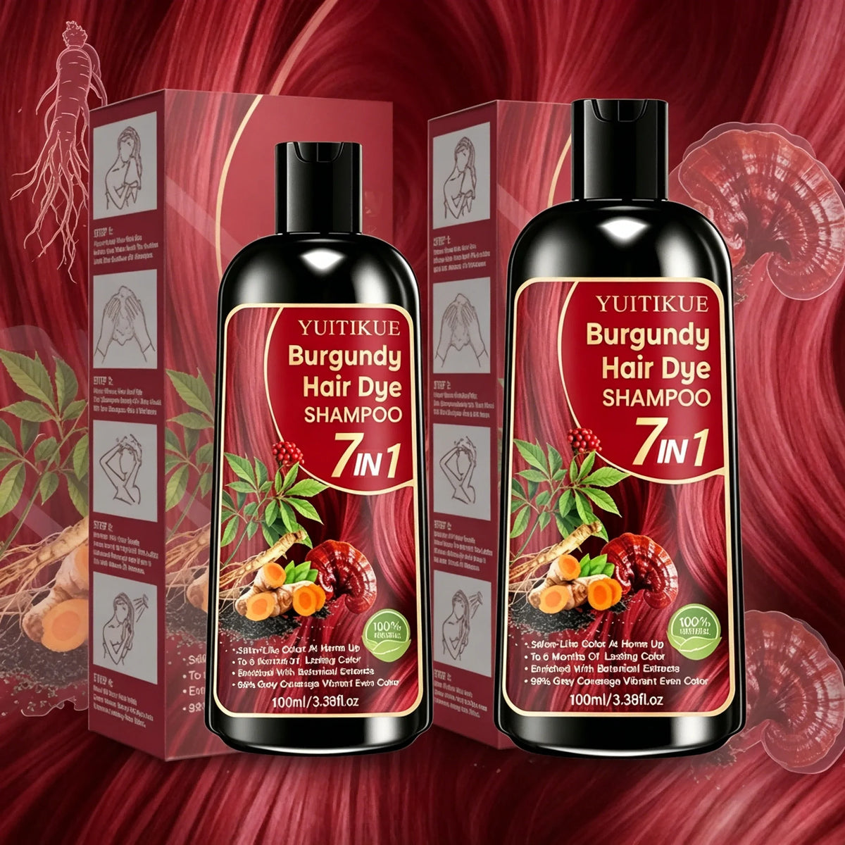 Burgundy Hair Dye Shampoo 7 In 1 Natural Plant Extract Cover Gray Hair Long Lasting Vibrant At Home Hair Color Care Shampoo