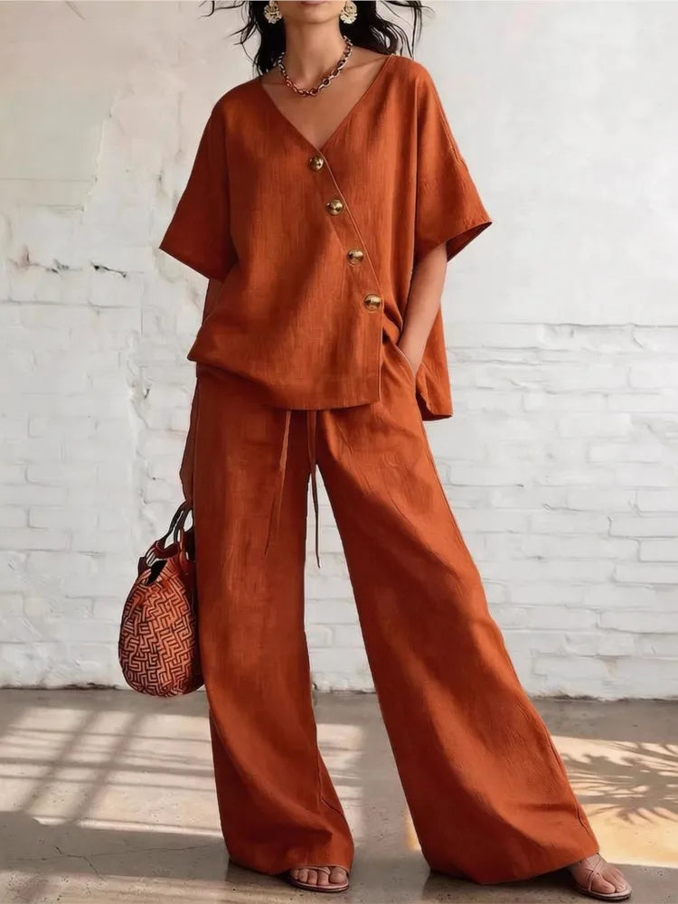 Casual Cotton Loose Pants Sets Women Summer 2026 Fashion Short Sleeve V-neck Tops And Wide Leg Pant 2 Piece Set Woman Outfits
