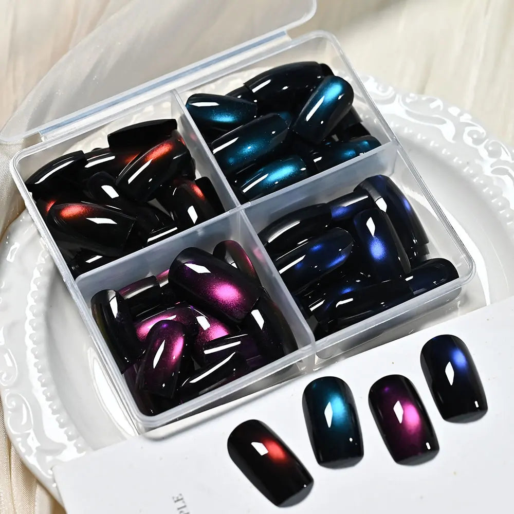 96pcs/box Short Square Cat Eye Press On Nails 4colors Glossy Glitter Cat Eye French Fake Nails Full Cover Acrylic Fake Nails Y2K