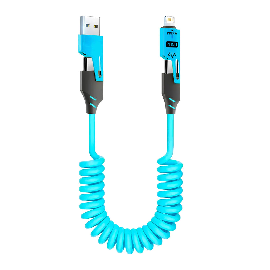 1/2PCS 4-in-1 Spring Data Cable & 65W Quick Charger: 6A USB Type-C Telescopic Wire Compatible with iPhone/iPad/MacBook/Huawei