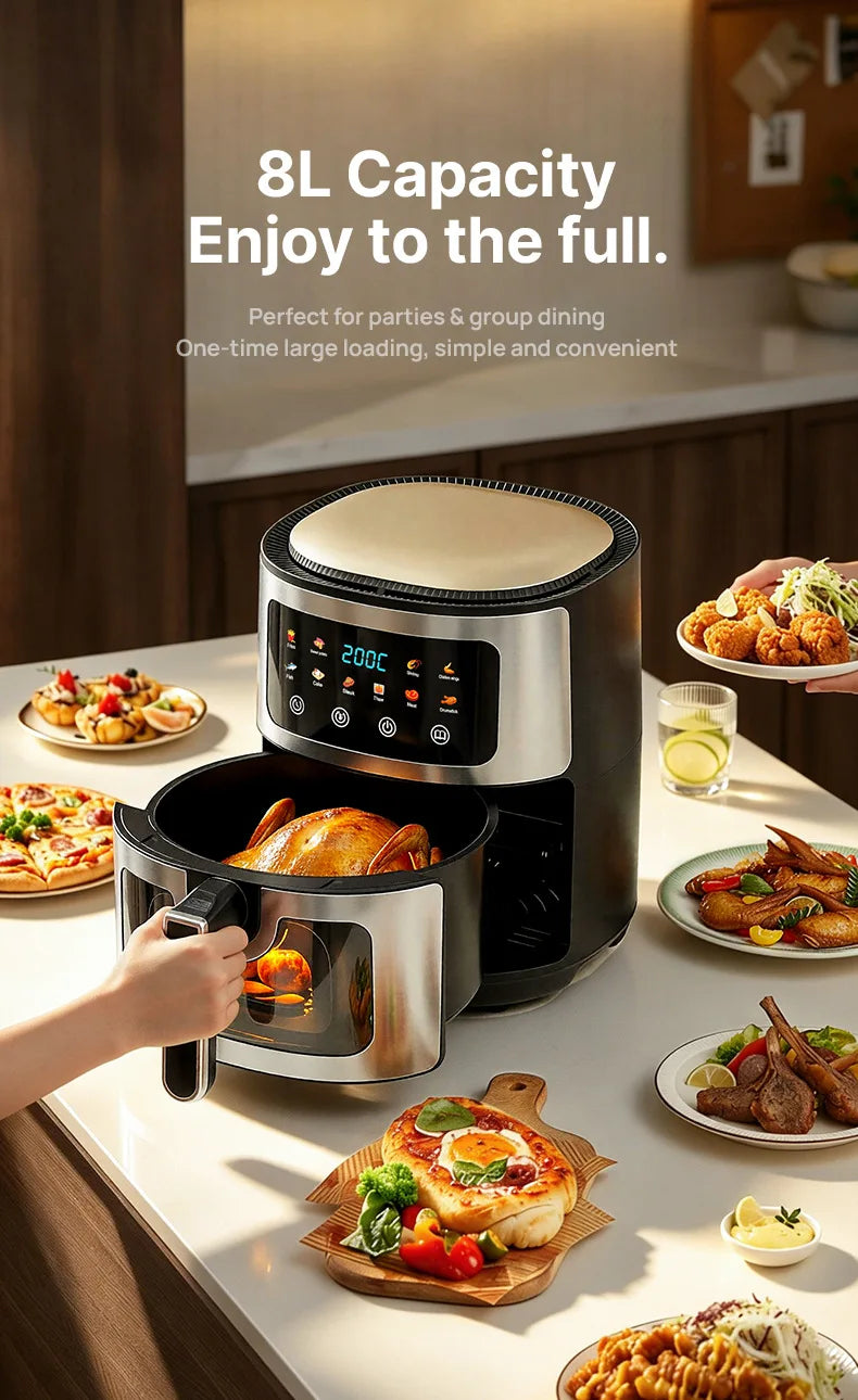 Oven Oilless Cooker with Touch Control Nonstick Basket Visible Window 8L Air Fryer with Electric Hot Fryer