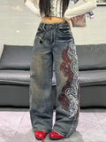 Women Spring Autumn Mid Waist Wide Leg Y2K Streetwear Jeans Side Totem Embroidery Washed Denim Daily Street Pants