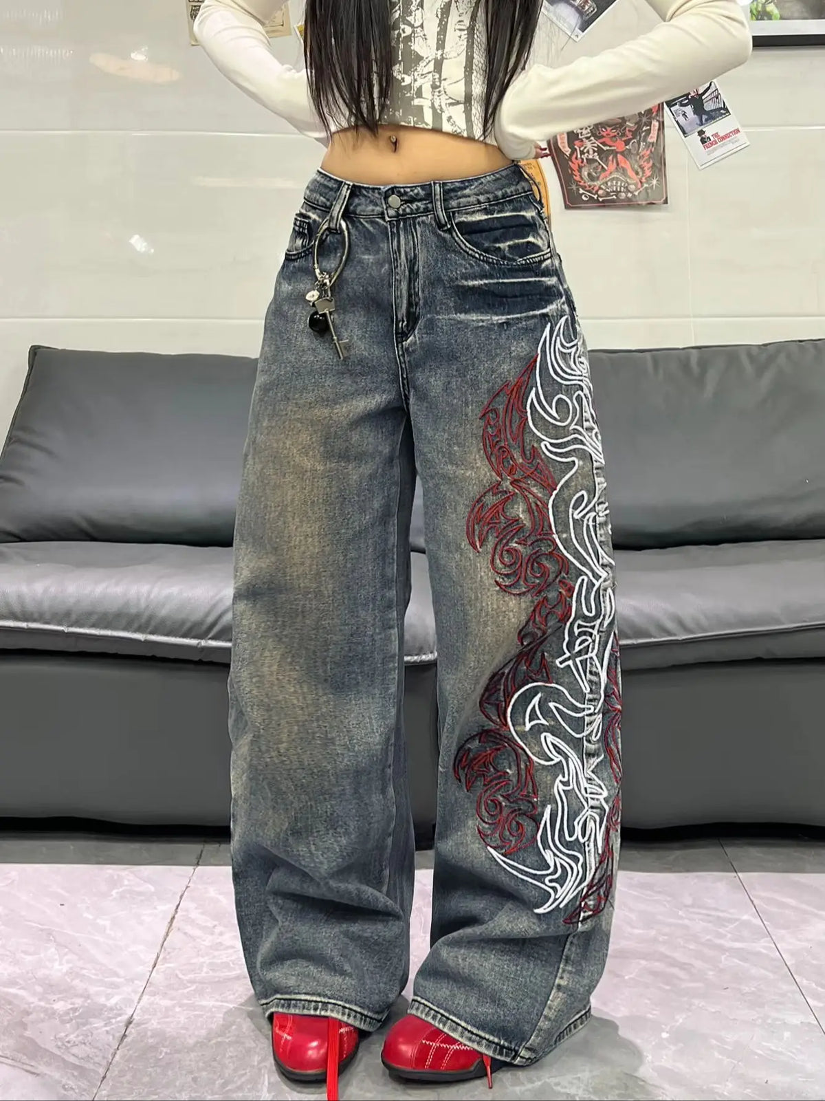 Women Spring Autumn Mid Waist Wide Leg Y2K Streetwear Jeans Side Totem Embroidery Washed Denim Daily Street Pants