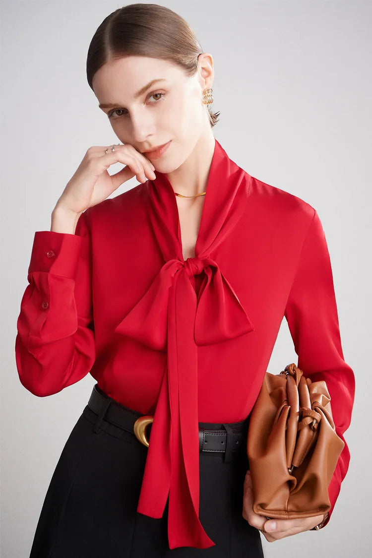 Spring Summer Silk Ribbon Blouse 90% Mulberry Silk Lace Up Long-sleeve Elegant Tops