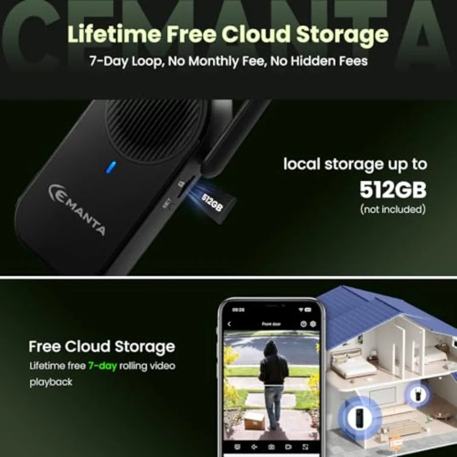 Wireless 2K video doorbell camera for home security: aluminum body, matte black, dual-cam with 190 view, WiFi6, night vision, 2