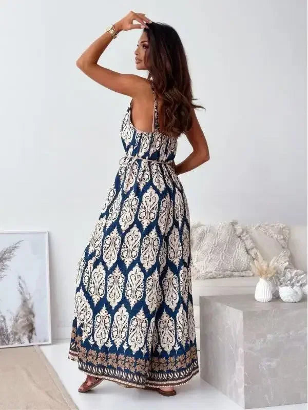 Pop Fashion Elegant V-neck High Waist Jumpsuit Women's Pattern Print Loose Long Romper Causal Sleeveless Wide Leg Playsuit Women