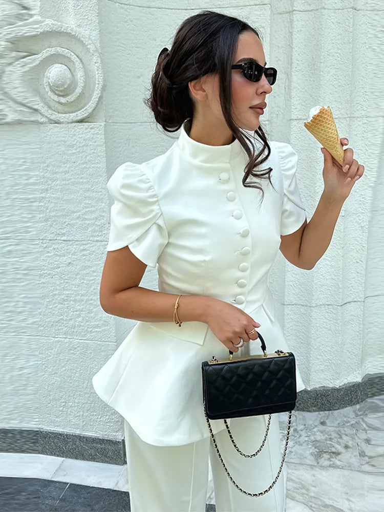 Women's Puff Sleeve Blazer Single-Breasted O-Neck Solid Waist-Closed Lady Coats 2026 Summer Fall Fashion Female Office Outwear