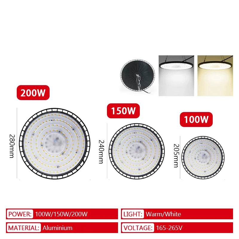 High Bay Lights 100/150/200W 220V Super Bright 6000K UFO LED Waterproof Commercial Market Warehouse Garage Industrial Lighting