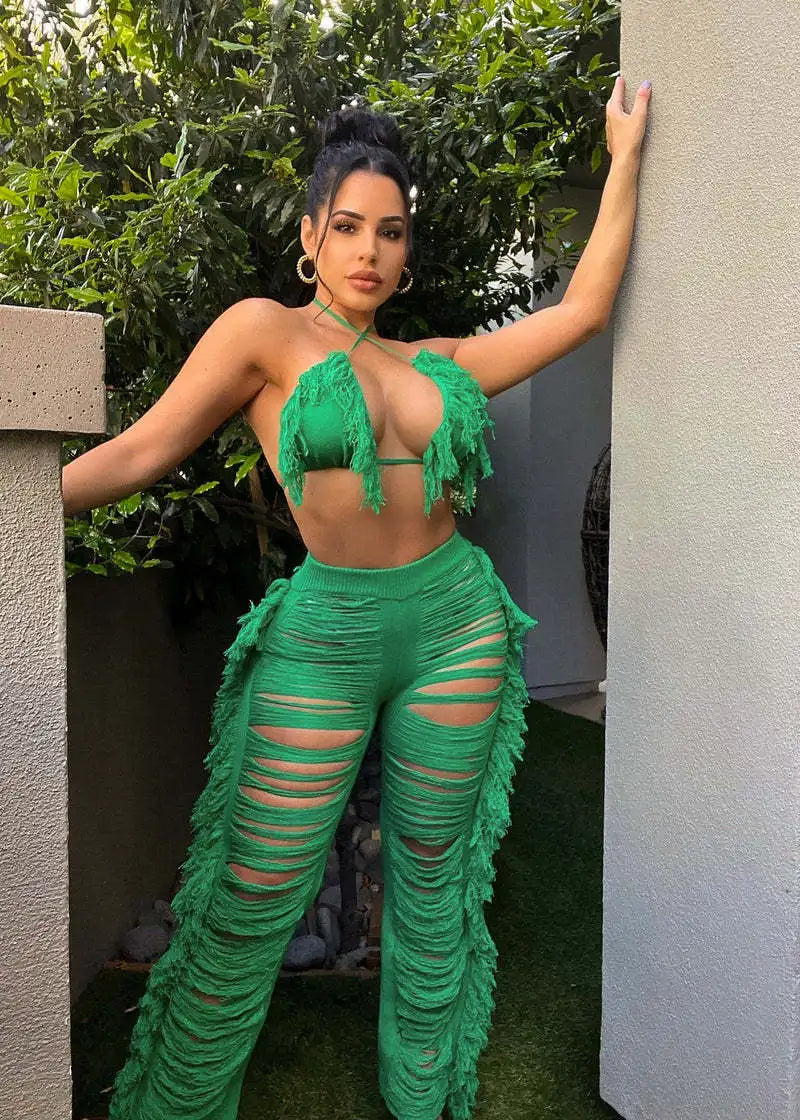 Sexy Women 2025 Knitted Set Two Piece Set Halter Backless Bra Crop Top Pants Crocheted 2 Pieces Set Hollow Out Crochet Beach Set