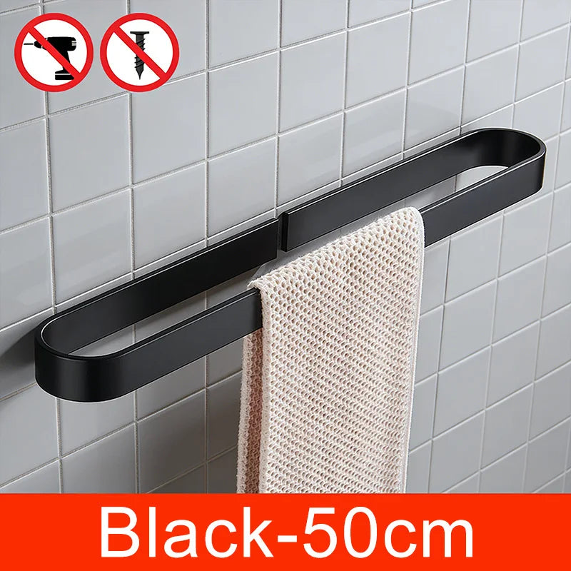 Self-adhesive Black Bath Towel Holder Bathroom Towel Rack No Punch Towel Rail Rack Towel Holder Bath Storage Shelf ML65B