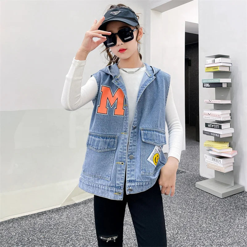Korean Kids Vintage Hoodies Denim Vest For Girls Casual Streetwear Clothing Teens Child Hooded Denim Waistcoat Jacket Outfits