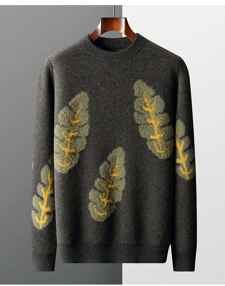 Jacquard Autumn Winter New Cashmere Sweater Men's Round Neck Pullover 100% Merino Wool Knitted Casual Fashion Retro Thicken Top