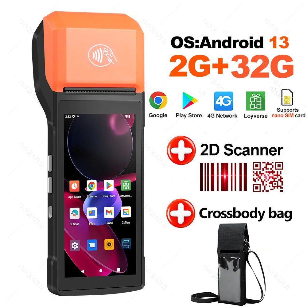 4G Android 13 Handheld Terminal POS Printer 58mm Thermal Printing, 1D/2D Barcode Scanner for Small Business & Protective Case