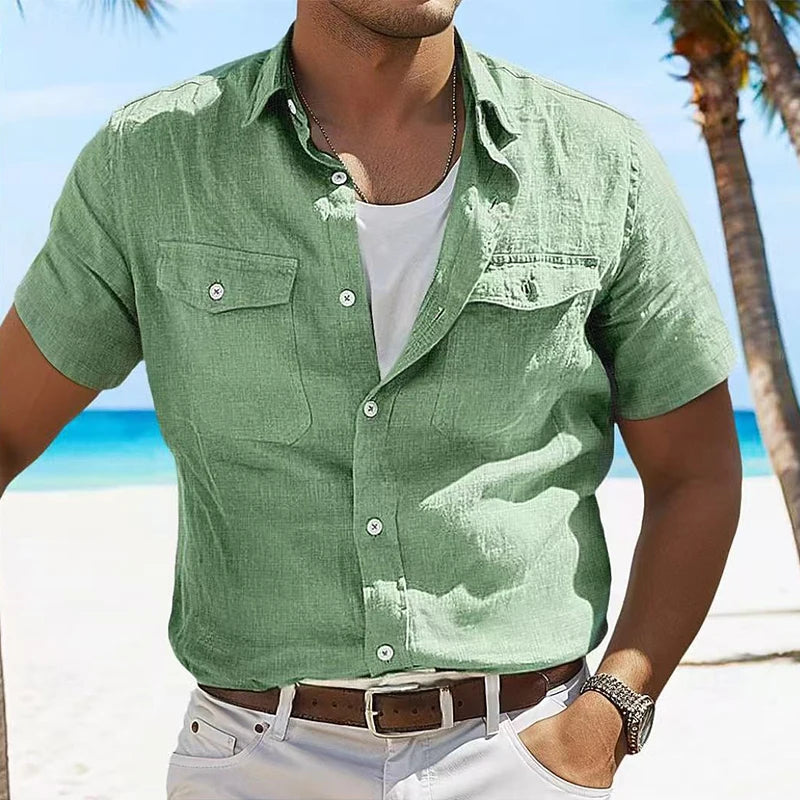 2025 Spring Summer New Casual Shirts Mens Fashion Short Sleeve Button-up Shirt For Men Daily Leisure Solid Color Linen Shirt Top