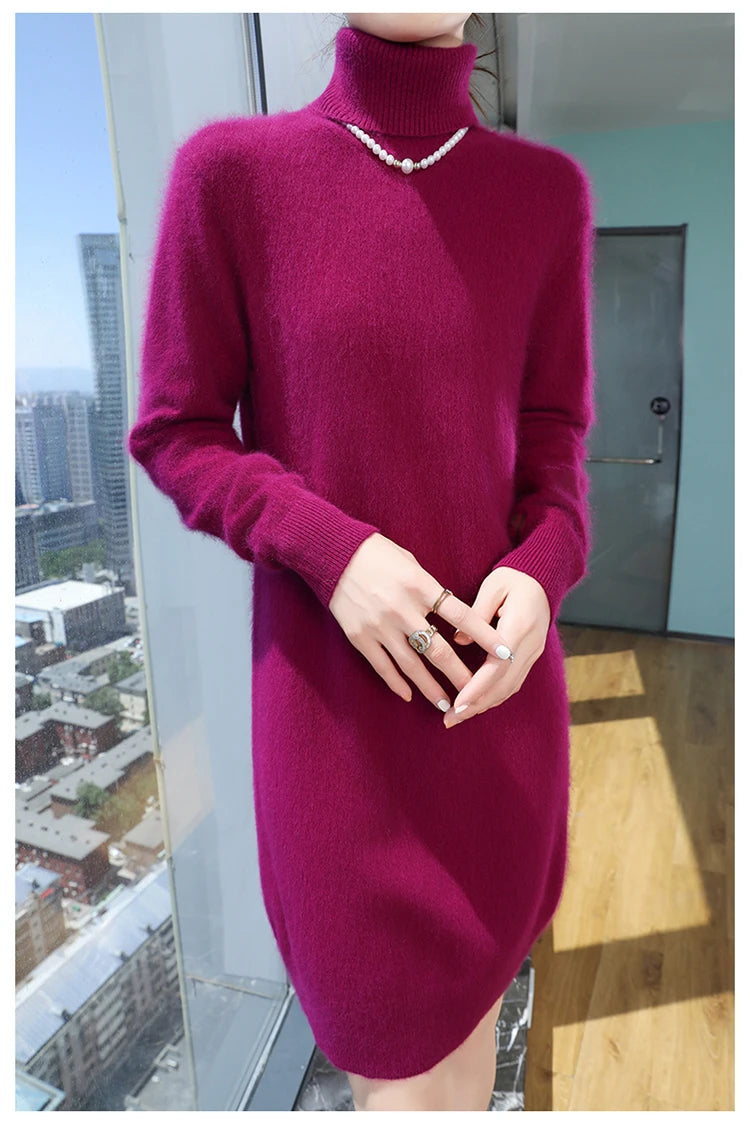 New Hot Selling 100% Mink Cashmere Knitted Women's High Neck Pullover Dress Sweater Slim Fit Solid Color Long Women's Dress