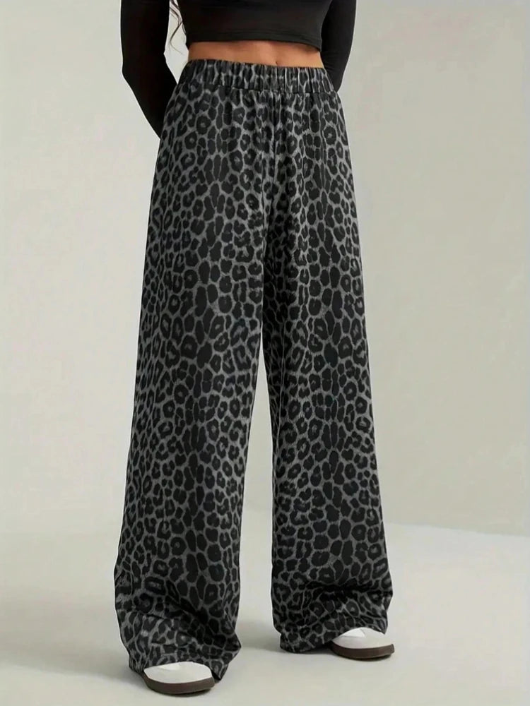 2026 New Leopard Print Pants Women Elasticity High Waist Loose Wide Leg Pants Women Fashion High Street Straight Casual Pants