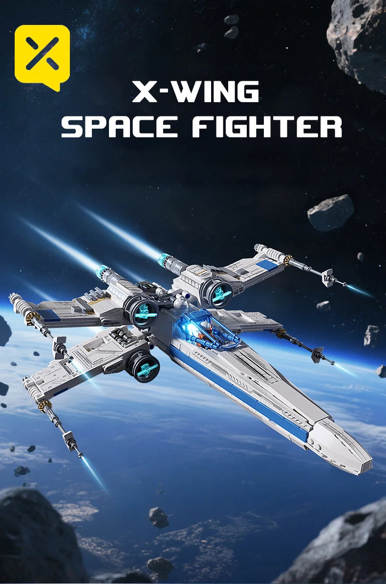 KAVOWORLD X-Wing Space Fighter Jet Building Blocks Toys Set with Pilot High-Technical Linked Wing Transformable Aircraft Model with LED Lights Retractable Landing Gear Spaceship Toy for Adults Birthday Christmas Gift for Spac