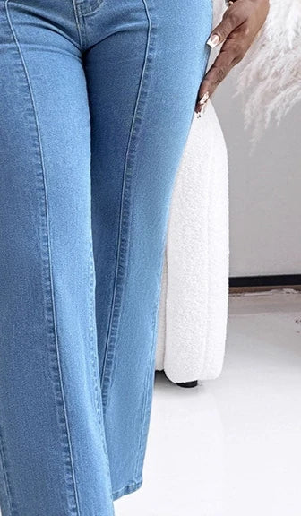 Women Spring Autumn Jeans Solid Color Button Wide Leg Pants High Waist Casual Fashion Comfortable Regular Standard Fit Trouser